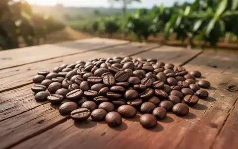 Geröstete Kaffeebohnen auf einem rustikalen Holztisch in einer Kaffeeplantage bei natürlichem Licht. - Foto: über boerse-global.de