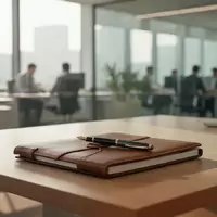 Ein sauberer Schreibtisch in einem modernen Büro mit einem Notizbuch und Füller vor einem verschwommenen Hintergrund. - Foto: über boerse-global.de
