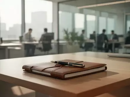 Ein sauberer Schreibtisch in einem modernen Büro mit einem Notizbuch und Füller vor einem verschwommenen Hintergrund. - Foto: über boerse-global.de