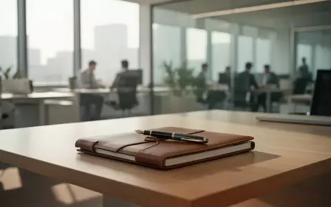 Ein sauberer Schreibtisch in einem modernen Büro mit einem Notizbuch und Füller vor einem verschwommenen Hintergrund. - Foto: über boerse-global.de