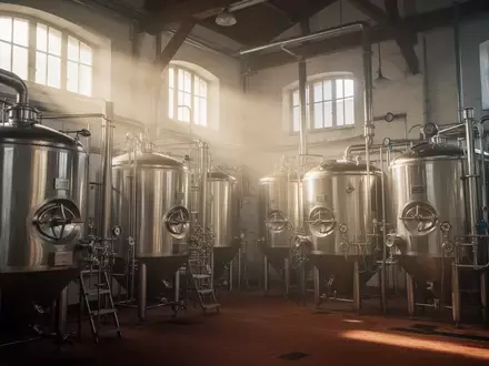 Industrielle Edelstahltanks in einer traditionellen deutschen Brauerei bei natürlichem Lichteinfall. - Foto: über boerse-global.de