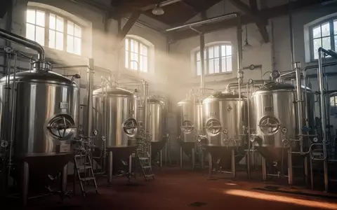 Industrielle Edelstahltanks in einer traditionellen deutschen Brauerei bei natürlichem Lichteinfall. - Foto: über boerse-global.de