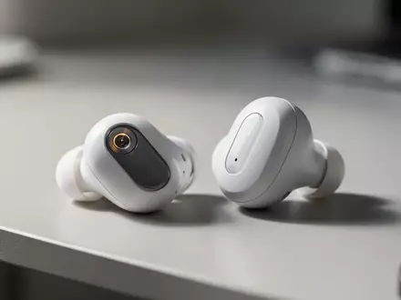 Nahaufnahme moderner weißer kabelloser Kopfhörer mit integriertem optischen Sensor auf einem minimalistischen Schreibtisch. - Foto: über boerse-global.de