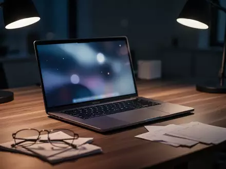 Ein moderner, schwach beleuchteter Arbeitsplatz mit einem Laptop auf einem Schreibtisch bei Nacht. - Foto: über boerse-global.de