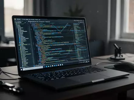 Ein moderner Laptop-Arbeitsplatz in einem Büro mit fokussiertem Blick auf die Tastatur und abstraktem Code auf dem Bildschirm. - Foto: über boerse-global.de