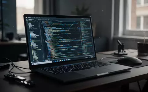 Ein moderner Laptop-Arbeitsplatz in einem Büro mit fokussiertem Blick auf die Tastatur und abstraktem Code auf dem Bildschirm. - Foto: über boerse-global.de