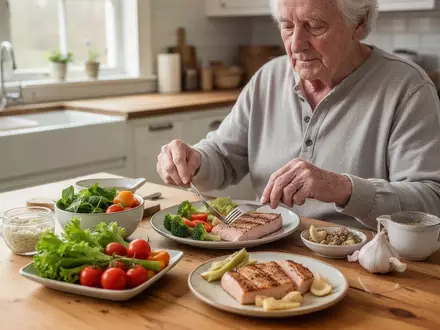 Eine ältere Person bereitet in einer hellen Küche eine gesunde Mahlzeit mit frischen Lebensmitteln zu. - Foto: über boerse-global.de