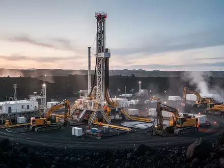 Moderne Geothermie-Bohranlage auf einem Industriegelände bei Dämmerung. - Foto: über boerse-global.de