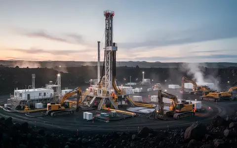 Moderne Geothermie-Bohranlage auf einem Industriegelände bei Dämmerung. - Foto: über boerse-global.de