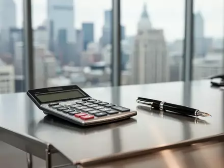 Ein moderner Schreibtisch in einem Büro mit Taschenrechner und Füllfederhalter vor einem verschwommenen Stadtpanorama. - Foto: über boerse-global.de