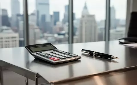 Ein moderner Schreibtisch in einem Büro mit Taschenrechner und Füllfederhalter vor einem verschwommenen Stadtpanorama. - Foto: über boerse-global.de