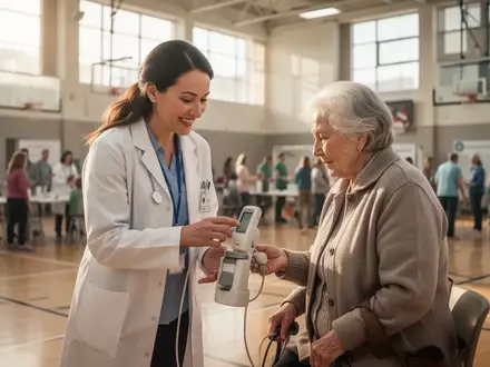 Eine medizinische Fachkraft im Gespräch mit einem älteren Menschen an einem Informationsstand während eines Gesundheitstags. - Foto: über boerse-global.de