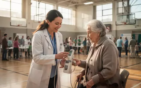 Eine medizinische Fachkraft im Gespräch mit einem älteren Menschen an einem Informationsstand während eines Gesundheitstags. - Foto: über boerse-global.de