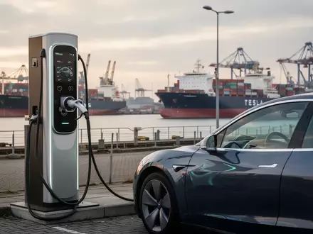 Moderne Ladesäule für Elektroautos vor einer industriellen Hafenanlage mit Containerschiffen im Hintergrund. - Foto: über boerse-global.de