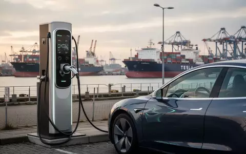 Moderne Ladesäule für Elektroautos vor einer industriellen Hafenanlage mit Containerschiffen im Hintergrund. - Foto: über boerse-global.de