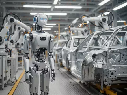 Ein humanoider Roboter steht in einer modernen Automobilfabrik an einer Montagelinie neben einem Fahrzeugchassis. - Foto: über boerse-global.de
