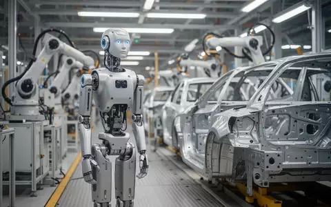 Ein humanoider Roboter steht in einer modernen Automobilfabrik an einer Montagelinie neben einem Fahrzeugchassis. - Foto: über boerse-global.de