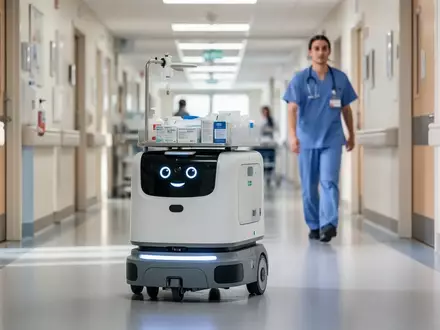 Ein autonomer Lieferroboter navigiert durch einen modernen Krankenhausflur, während im Hintergrund eine Pflegekraft vorbeiläuft. - Foto: über boerse-global.de