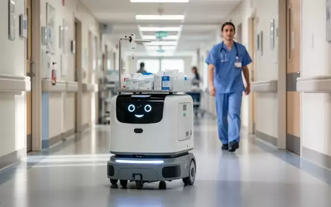 Ein autonomer Lieferroboter navigiert durch einen modernen Krankenhausflur, während im Hintergrund eine Pflegekraft vorbeiläuft. - Foto: über boerse-global.de