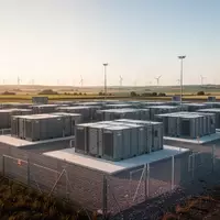 Moderne Batteriespeicheranlage in einer weitläufigen Landschaft bei Sonnenuntergang. - Foto: über boerse-global.de