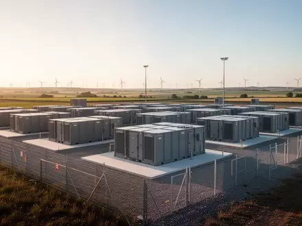 Moderne Batteriespeicheranlage in einer weitläufigen Landschaft bei Sonnenuntergang. - Foto: über boerse-global.de