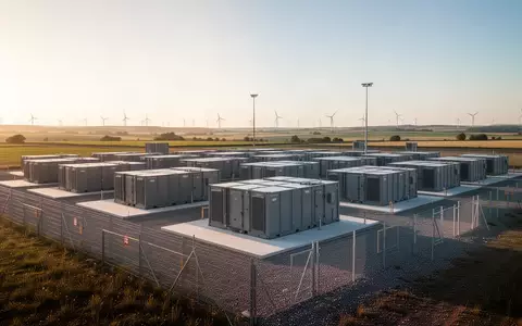 Moderne Batteriespeicheranlage in einer weitläufigen Landschaft bei Sonnenuntergang. - Foto: über boerse-global.de