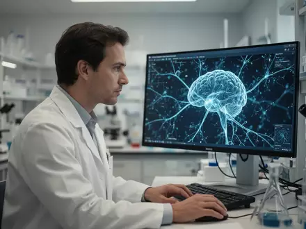 Ein Neurowissenschaftler betrachtet in einem modernen Labor eine hochauflösende 3D-Visualisierung neuronaler Netzwerke. - Foto: über boerse-global.de