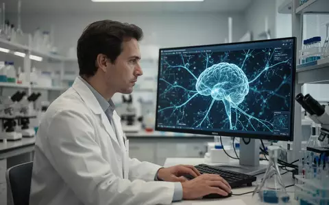 Ein Neurowissenschaftler betrachtet in einem modernen Labor eine hochauflösende 3D-Visualisierung neuronaler Netzwerke. - Foto: über boerse-global.de