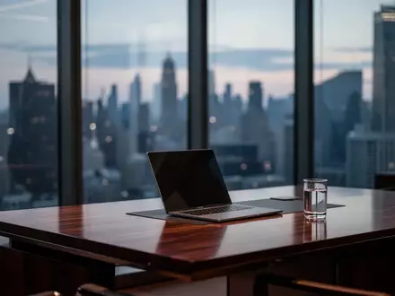 Ein minimalistischer, moderner Büroarbeitsplatz mit einem Laptop vor einer Fensterfront mit Stadtpanorama in der Dämmerung. - Foto: über boerse-global.de