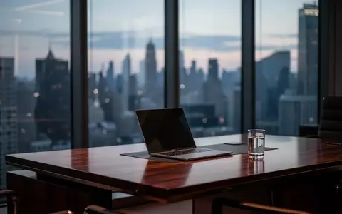 Ein minimalistischer, moderner Büroarbeitsplatz mit einem Laptop vor einer Fensterfront mit Stadtpanorama in der Dämmerung. - Foto: über boerse-global.de