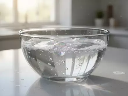 Nahaufnahme einer Glasschale mit Wasser und schimmernden Seifenblasen in einer hellen, modernen Küche. - Foto: über boerse-global.de