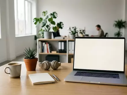 Ein moderner Arbeitsplatz mit einem Laptop, auf dessen Bildschirm eine leere digitale Arbeitsfläche zu sehen ist. - Foto: über boerse-global.de