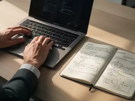 Eine Person arbeitet an einem Laptop an einem aufgeräumten Schreibtisch mit strukturierten Notizen für KI-Workflows. - Foto: über boerse-global.de