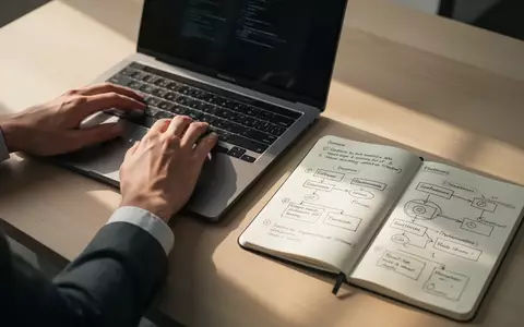 Eine Person arbeitet an einem Laptop an einem aufgeräumten Schreibtisch mit strukturierten Notizen für KI-Workflows. - Foto: über boerse-global.de