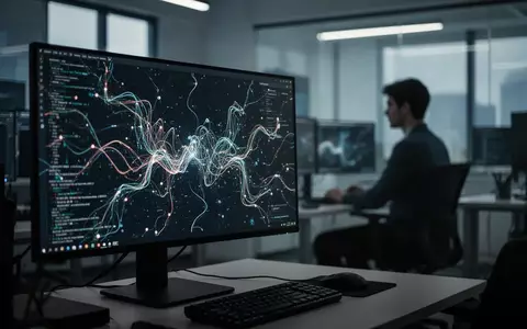 Ein moderner, dunkel gehaltener Arbeitsplatz eines Cybersicherheitsforschers mit abstrakt leuchtenden Datenströmen. - Foto: über boerse-global.de