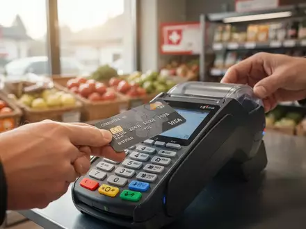 Eine Hand führt eine physische Zahlungskarte in ein Bezahlterminal an einer Ladenkasse ein. - Foto: über boerse-global.de