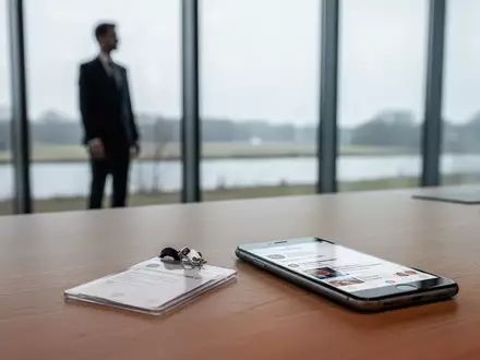 Ein minimalistisches Regierungsbüro mit einem Dienstausweis und einem Smartphone auf einem Schreibtisch. - Foto: über boerse-global.de