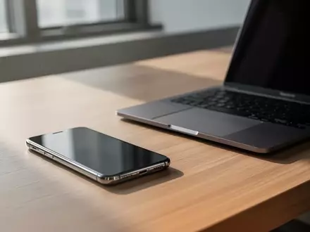 Modernes Büroarbeitszimmer mit Smartphone und Laptop auf einem Schreibtisch bei natürlichem Tageslicht. - Foto: über boerse-global.de