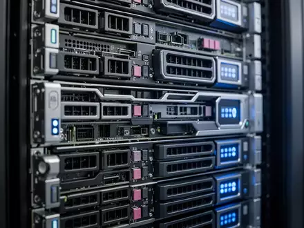 Ein modernes Hochleistungsserver-Rack in einem Rechenzentrum mit detaillierter Hardware und blauen Status-LEDs. - Foto: über boerse-global.de