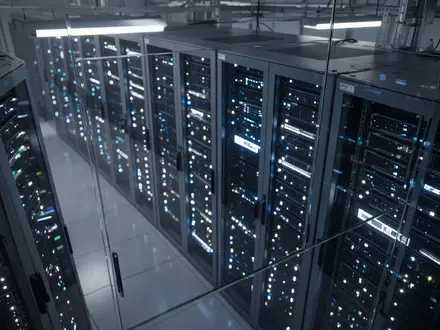Nahaufnahme einer modernen Serverinfrastruktur mit blinkenden LED-Leuchten in einem Rechenzentrum. - Foto: über boerse-global.de