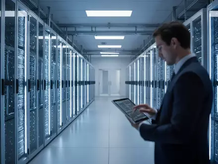Ein modernes, hochmodernes Rechenzentrum in Europa mit langen Reihen beleuchteter Server-Racks in einer sauberen Industriehalle. - Foto: über boerse-global.de