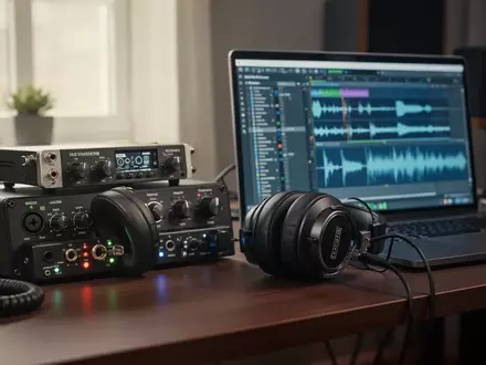 Ein modernes Heimstudio mit Audio-Interface, Studiokopfhörern und einem Laptop, auf dem eine Audiosoftware zu sehen ist. - Foto: über boerse-global.de