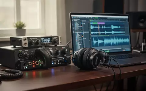 Ein modernes Heimstudio mit Audio-Interface, Studiokopfhörern und einem Laptop, auf dem eine Audiosoftware zu sehen ist. - Foto: über boerse-global.de