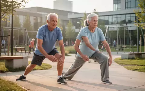 Ein aktives Paar im Alter von über 55 Jahren bei leichten Dehnübungen in einem sonnendurchfluteten Park. - Foto: über boerse-global.de
