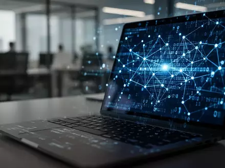 Ein Laptop-Bildschirm in einem dunklen Büro zeigt abstrakte digitale Netzwerke und Code, die eine Cyber-Sicherheitsbedrohung symbolisieren. - Foto: über boerse-global.de