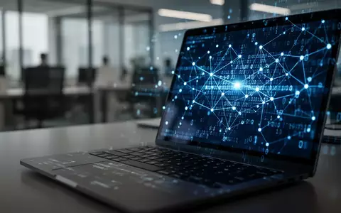 Ein Laptop-Bildschirm in einem dunklen Büro zeigt abstrakte digitale Netzwerke und Code, die eine Cyber-Sicherheitsbedrohung symbolisieren. - Foto: über boerse-global.de