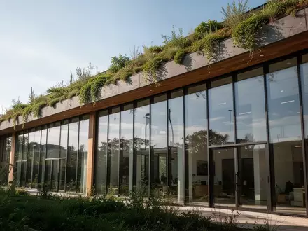 Modernes, nachhaltiges BĂŒrogebĂ€ude mit extensiver DachbegrĂŒnung und groĂflĂ€chigen Glasfassaden bei natĂŒrlichem Tageslicht. - Foto: ĂŒber boerse-global.de