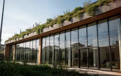 Modernes, nachhaltiges Bürogebäude mit extensiver Dachbegrünung und großflächigen Glasfassaden bei natürlichem Tageslicht. - Foto: über boerse-global.de