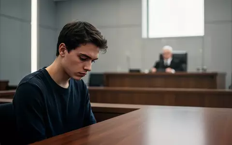 Ein junger Mann sitzt nachdenklich an einem Holztisch in einem Gerichtssaal vor der Urteilsverkündung. - Foto: über boerse-global.de
