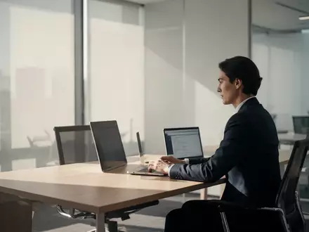 Eine Person arbeitet an einem Laptop in einem modernen, hellen Bürogebäude. - Foto: über boerse-global.de